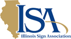 Outline of the state of Illinois with blue text that reads ISA Illinois Sign Association.